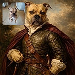 A charming tan dog with a slightly wrinkled forehead and soulful eyes sits patiently on a tiled kitchen floor, looking up with a curious and earnest expression. The kitchen background features a refrigerator and cabinets, adding a cozy home vibe.