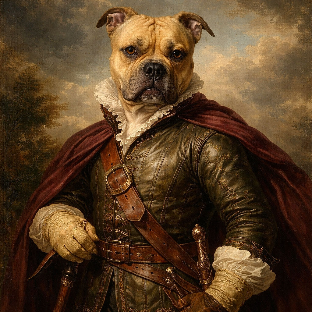 A charming tan dog with a slightly wrinkled forehead and soulful eyes sits patiently on a tiled kitchen floor, looking up with a curious and earnest expression. The kitchen background features a refrigerator and cabinets, adding a cozy home vibe.