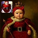 A wide-eyed baby dressed in an adorable red velvet holiday outfit complete with a big bow headband and a sparkly belt buckle, lying comfortably on a soft, star-patterned blanket, looking ready to steal the Christmas show.