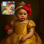 A cute toddler dressed as a princess in a bright yellow dress with a large red bow headband sits on the grass, holding two red flowers. Surrounding her are more red flowers, a golden crown, and a boxed Disney Princess doll matching her outfit. The background shows a sunny garden with palm trees and a fence.