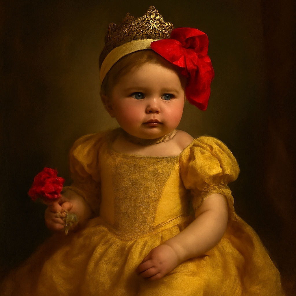 A cute toddler dressed as a princess in a bright yellow dress with a large red bow headband sits on the grass, holding two red flowers. Surrounding her are more red flowers, a golden crown, and a boxed Disney Princess doll matching her outfit. The background shows a sunny garden with palm trees and a fence.