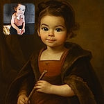 A cute toddler with big curious eyes sits comfortably on a dark couch, clutching a container of Luigi's dip, with a small white object tucked into their brown tank top, looking at the camera with a shy smile and a slightly mischievous bite on their lip.