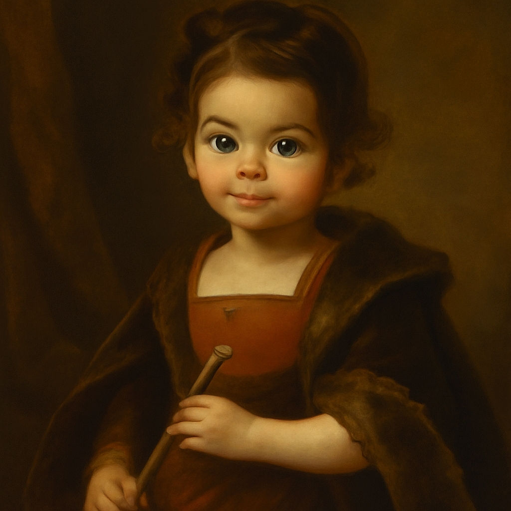 A cute toddler with big curious eyes sits comfortably on a dark couch, clutching a container of Luigi's dip, with a small white object tucked into their brown tank top, looking at the camera with a shy smile and a slightly mischievous bite on their lip.