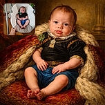 A tiny baby in a cozy baby swing, wearing a black shirt and blue shorts, with a pacifier clipped to the shirt. The baby looks contemplative with a slightly furrowed brow, while a hand gently holds the swing. The background shows a wooden floor and some stacked boxes of snacks.