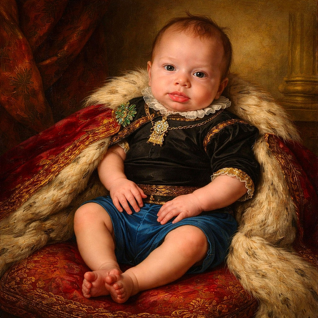 A tiny baby in a cozy baby swing, wearing a black shirt and blue shorts, with a pacifier clipped to the shirt. The baby looks contemplative with a slightly furrowed brow, while a hand gently holds the swing. The background shows a wooden floor and some stacked boxes of snacks.