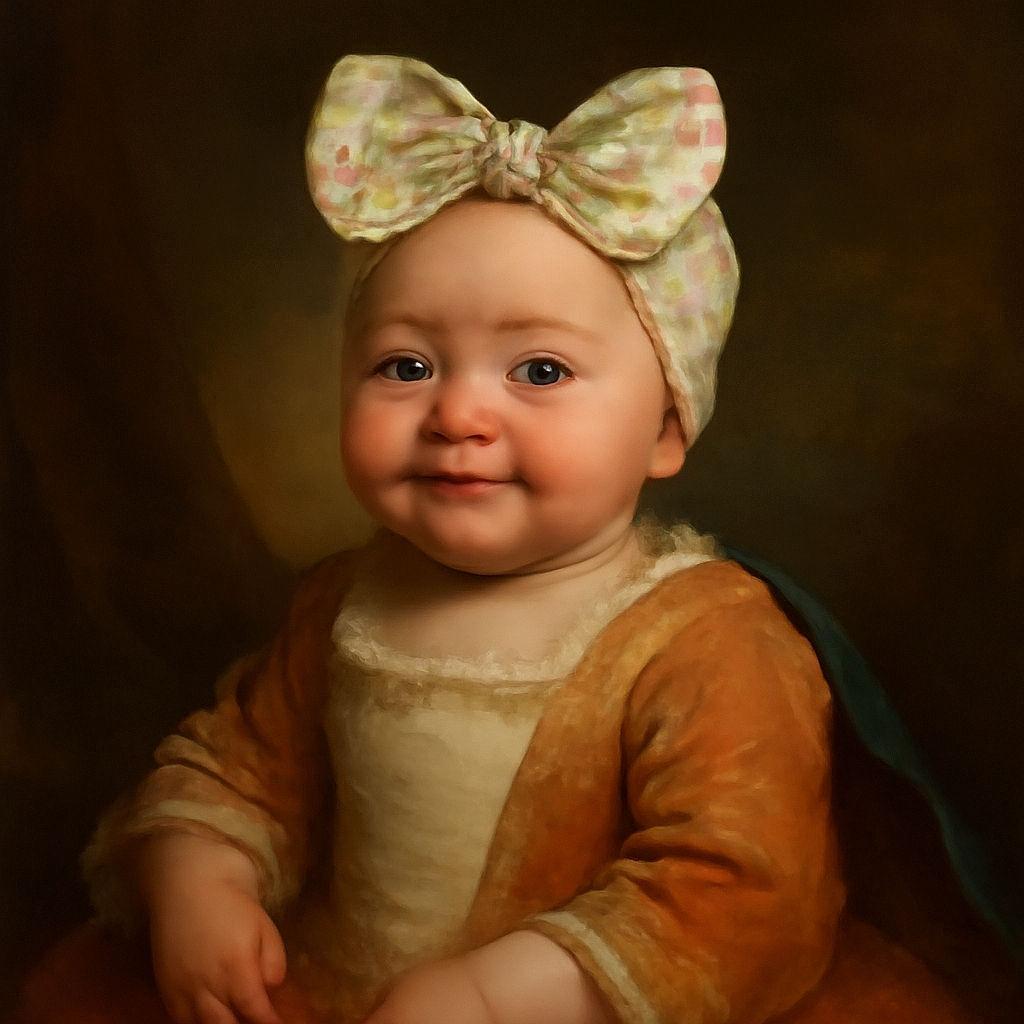 A chubby-cheeked baby wearing a floral bow headband and a plain white onesie lies on a dark sheet, giving a subtle smile as if plotting adorable mischief.