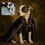A black-and-white pup lounges dramatically on a striped blanket, looking like a tuxedo-clad couch potato who has just finished a very serious nap. Its crossed paws and thoughtful expression suggest it is waiting patiently for snacks or a starring role in a dog-themed fashion magazine.