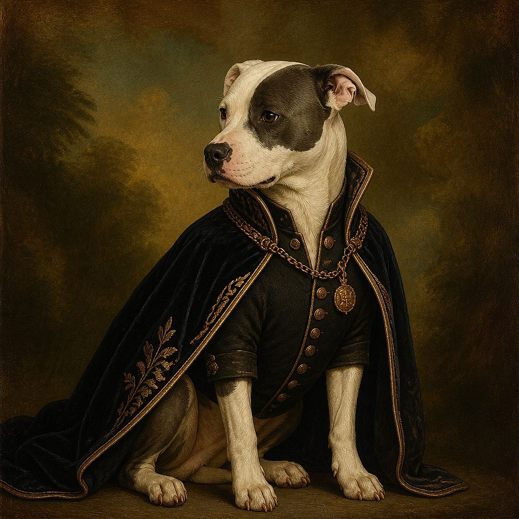 A black-and-white pup lounges dramatically on a striped blanket, looking like a tuxedo-clad couch potato who has just finished a very serious nap. Its crossed paws and thoughtful expression suggest it is waiting patiently for snacks or a starring role in a dog-themed fashion magazine.