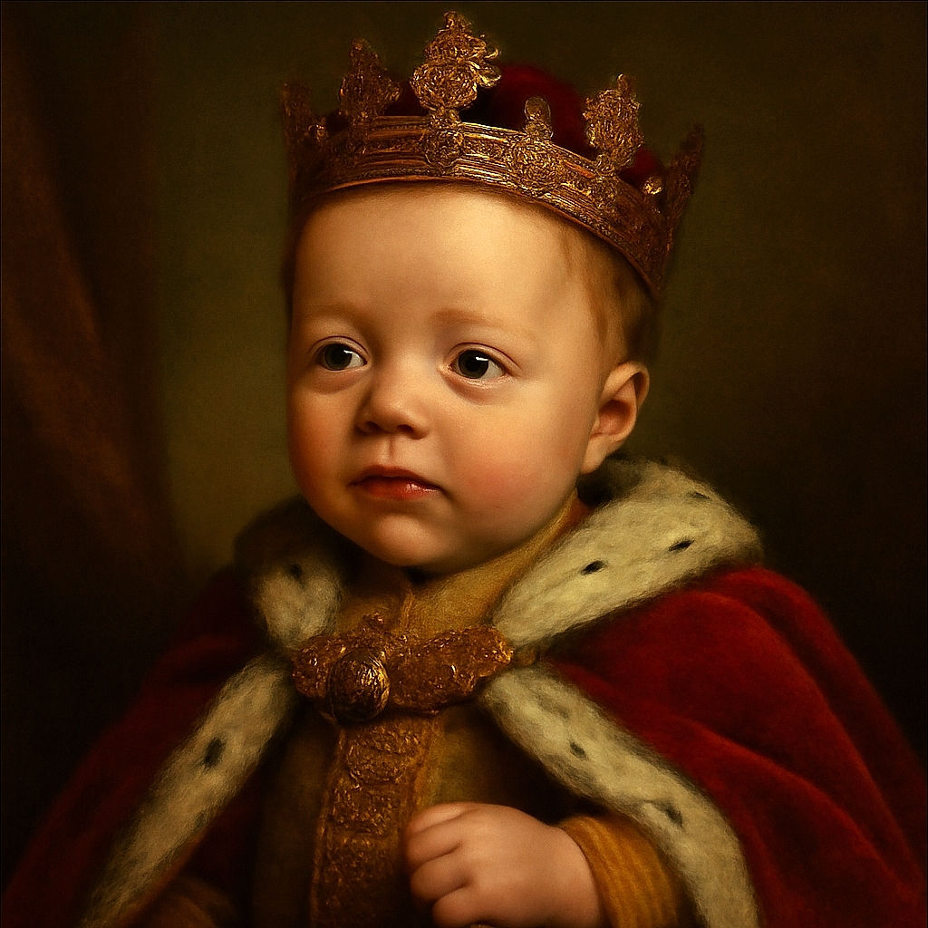 A grainy, close-up photo of a baby with wide eyes and a slightly open mouth, looking curiously at the camera, with a soft hand near the face.