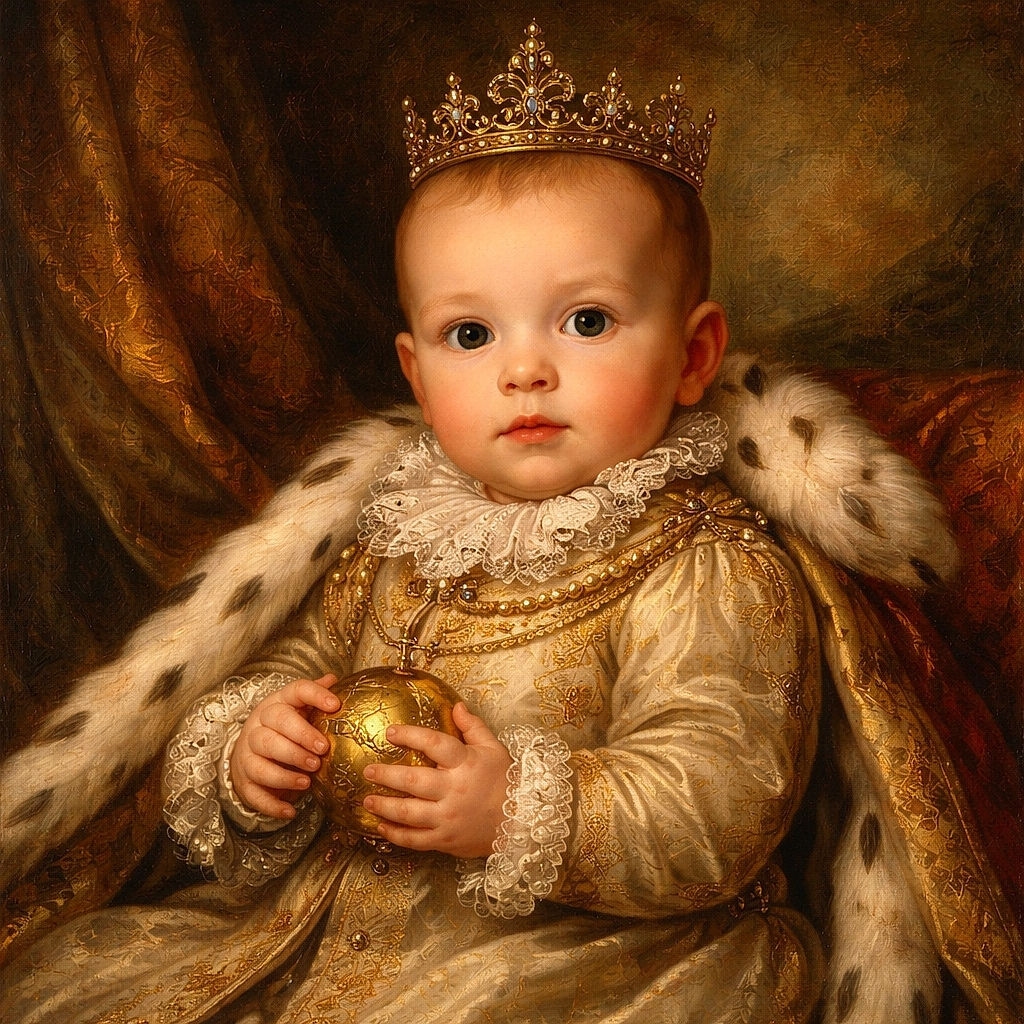 A curious baby lying on a cozy couch surrounded by patterned pillows, clutching a colorful toy with wide-eyed wonder as if discovering the magic of rainbows for the first time.