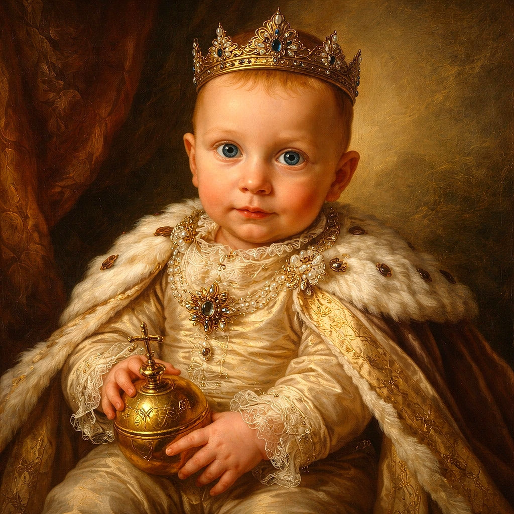 A wide-eyed baby clutching a fluffy teddy bear, looking curiously at the camera while lying on a cozy textured blanket with star-shaped pillows scattered around.
