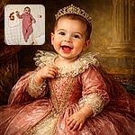 A joyful baby in a pink onesie is lying on a white quilted surface, smiling widely. Next to the baby, a towel with a cute face has six brown eggs arranged in the shape of the number six. A peach-colored teething ring lies nearby, adding to the cozy and playful scene.