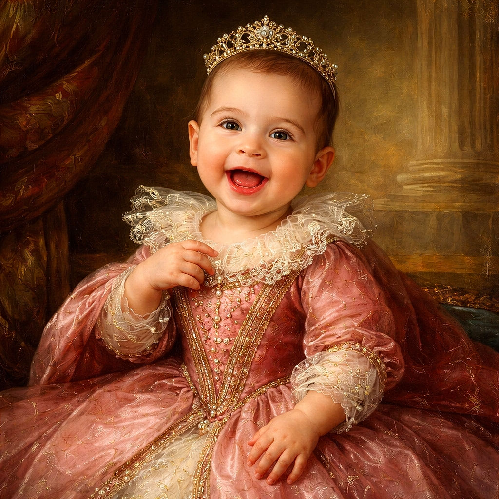 A joyful baby in a pink onesie is lying on a white quilted surface, smiling widely. Next to the baby, a towel with a cute face has six brown eggs arranged in the shape of the number six. A peach-colored teething ring lies nearby, adding to the cozy and playful scene.