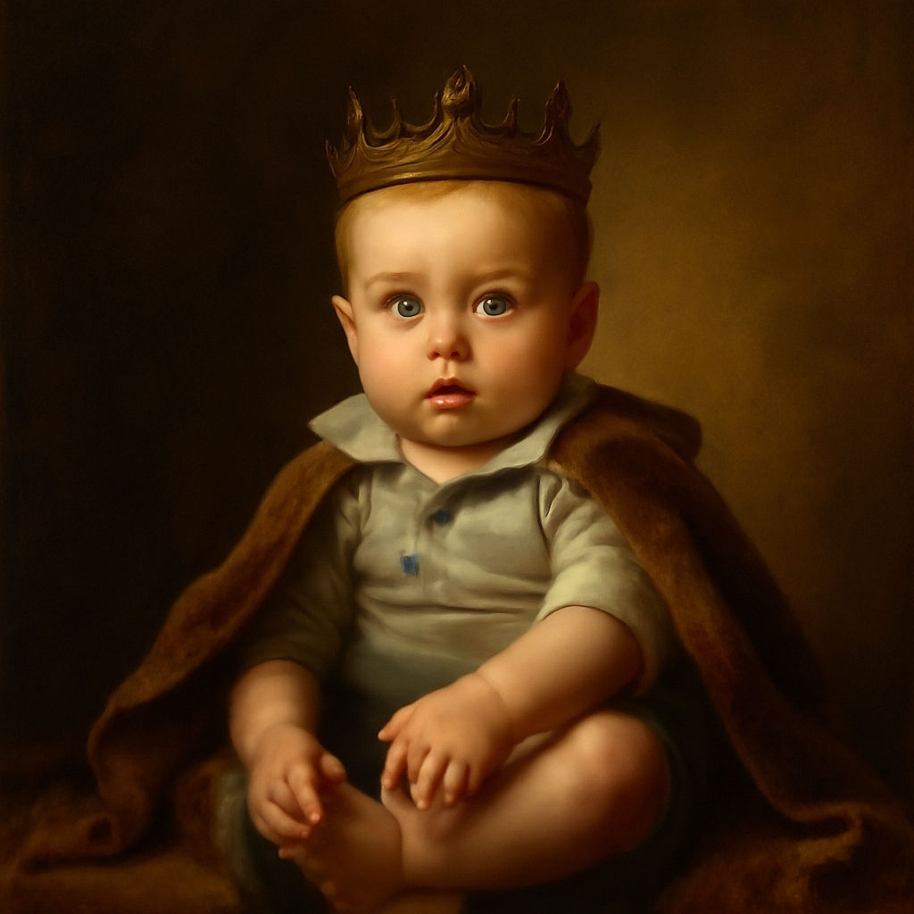 A curious baby with bright eyes and a slightly open mouth is lounging comfortably in a cozy baby seat, holding their foot with one hand while surrounded by soft cushions and a colorful toy in the background.