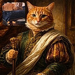 A cozy orange tabby cat lounges on a dark blanket draped over a wooden chair, looking curiously at the camera with wide eyes. The warm indoor lighting highlights the cat's striped fur and the rustic chair legs, creating a homely and relaxed atmosphere.