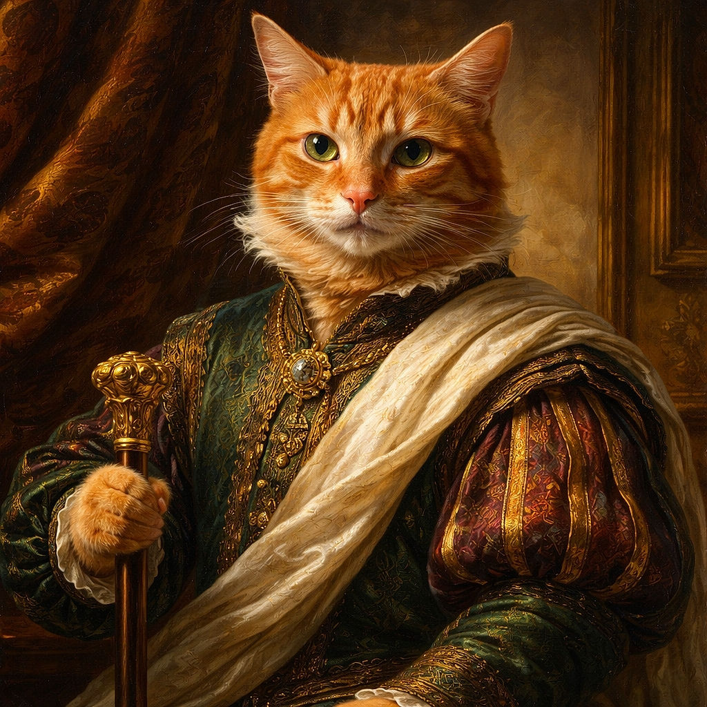 A cozy orange tabby cat lounges on a dark blanket draped over a wooden chair, looking curiously at the camera with wide eyes. The warm indoor lighting highlights the cat's striped fur and the rustic chair legs, creating a homely and relaxed atmosphere.