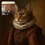 A curious tabby cat is perched among a collection of blue and white porcelain vases and figurines against a rustic wooden wall, looking intently to the side as if plotting its next adventure.