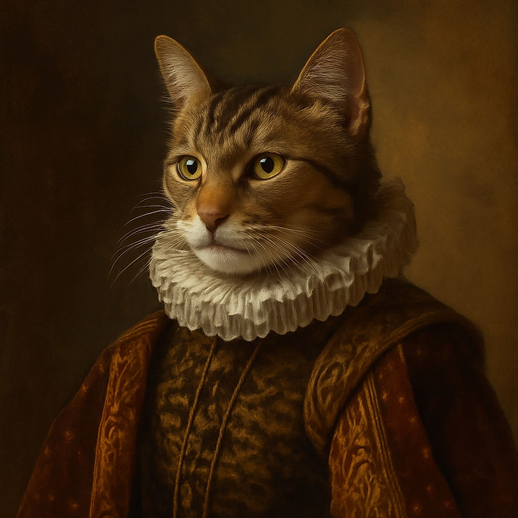 A curious tabby cat is perched among a collection of blue and white porcelain vases and figurines against a rustic wooden wall, looking intently to the side as if plotting its next adventure.