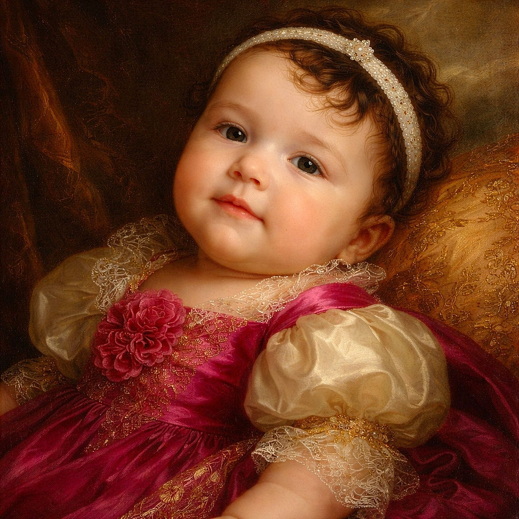 A cute baby dressed in a vibrant magenta dress with a floral detail and a white headband lies on lush green grass, bathed in soft sunlight that casts playful shadows across the face, capturing a serene and tender moment outdoors.