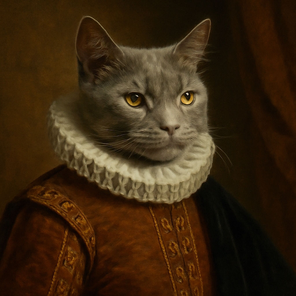 A fluffy gray cat lounges gracefully on a wooden bench, its green eyes catching the soft light as it gazes thoughtfully. The background is dark, making the cat's fur texture and relaxed pose stand out beautifully.