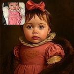 An adorable baby with big curious eyes and a pink bow on top of her head is snugly nestled in a car seat, wearing a soft pink dress and surrounded by fluffy white fabric, looking straight at the camera with a calm expression.