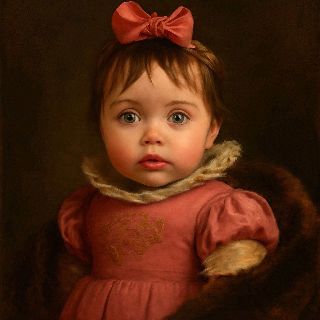 An adorable baby with big curious eyes and a pink bow on top of her head is snugly nestled in a car seat, wearing a soft pink dress and surrounded by fluffy white fabric, looking straight at the camera with a calm expression.