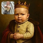 A charming baby dressed in a tiny vest and striped pants lies on a crumpled bedsheet, looking curiously at the camera with hands clasped as if plotting world domination or a nap.