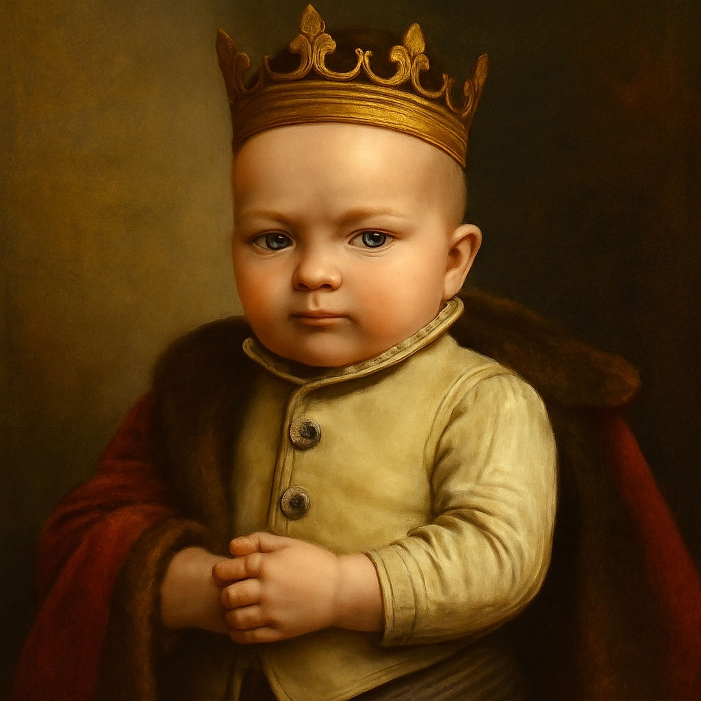 A charming baby dressed in a tiny vest and striped pants lies on a crumpled bedsheet, looking curiously at the camera with hands clasped as if plotting world domination or a nap.