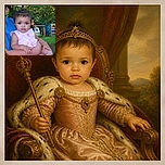 A serious-looking baby sits proudly in an adult’s arms at an outdoor gathering, giving the camera a tiny celebrity stare while trees, playground equipment, and picnic-day activity fill the background.