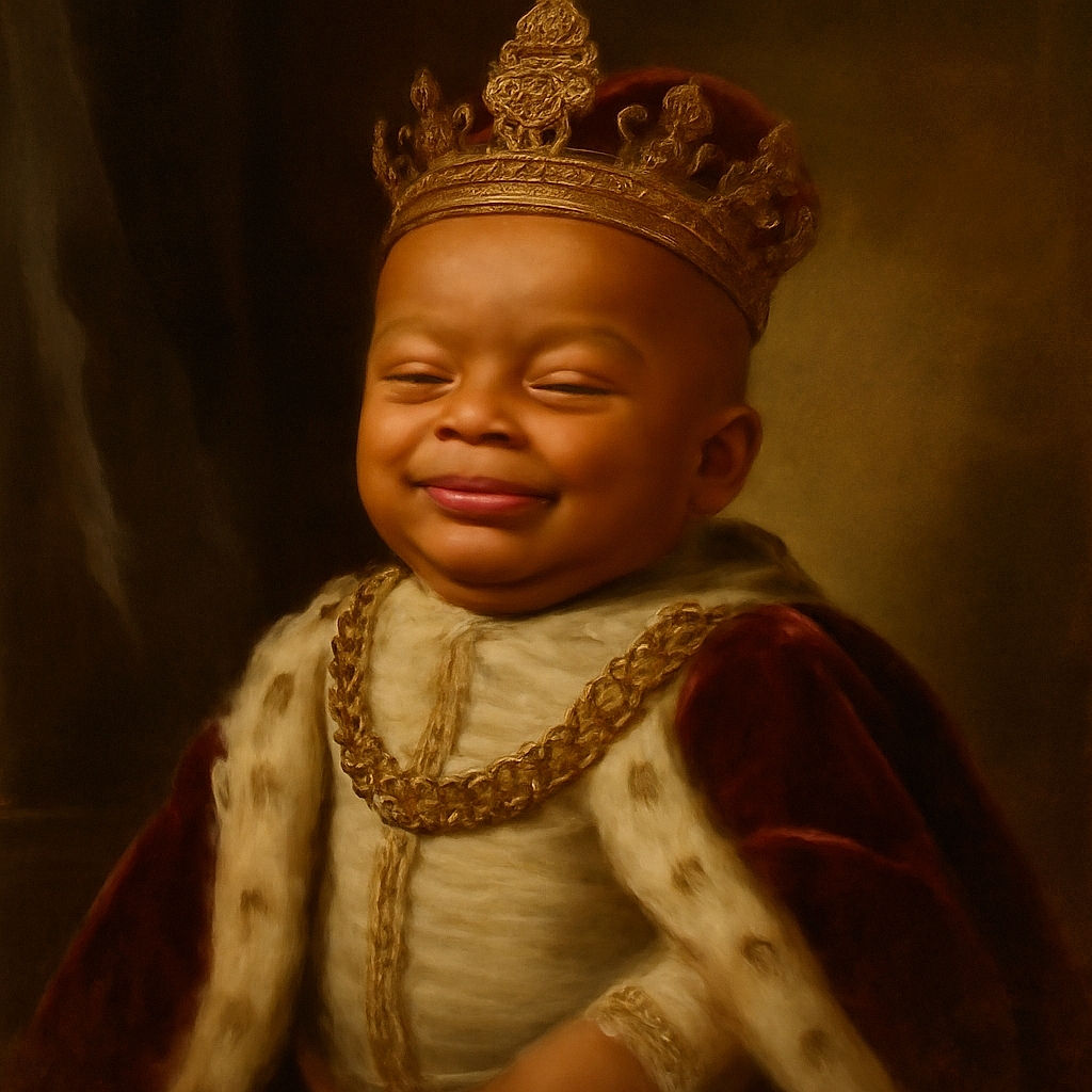 A joyful baby with eyes closed and tongue out, wearing a striped onesie with a cute cartoon lion, lying on a dark fabric background. The photo is slightly blurry but captures a happy moment.