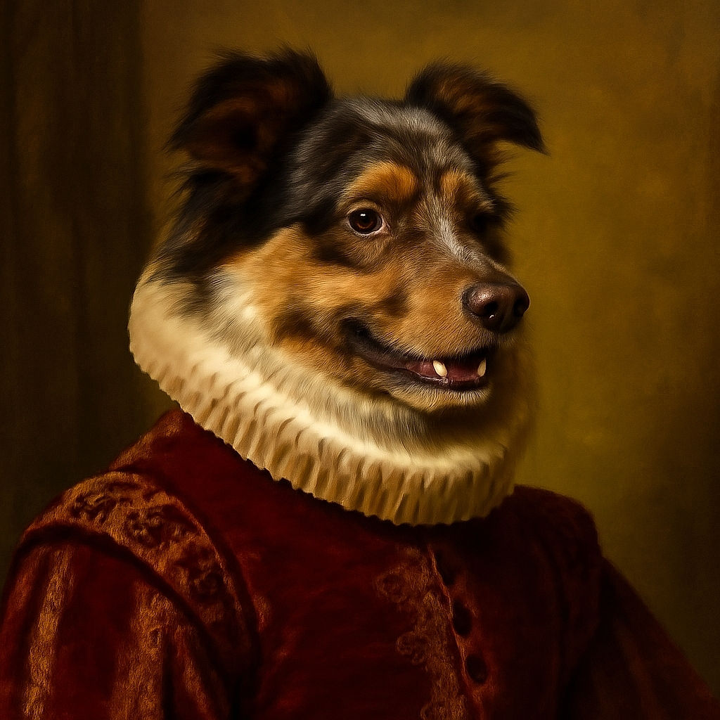 A close-up portrait of a happy dog with fluffy fur and striking blue eyes, sitting comfortably on a couch with a neutral background, tongue slightly out as if smiling at a secret joke.
