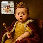 A curious baby in a yellow outfit is lying on a patterned bedspread, propped up on their arms with a slightly puzzled expression. The cozy bedroom setting includes decorative pillows, a sheer curtain softly lit by daylight, and a stylish lamp on a bedside table, creating a warm and inviting atmosphere.