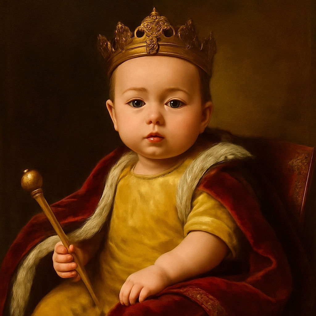A curious baby in a yellow outfit is lying on a patterned bedspread, propped up on their arms with a slightly puzzled expression. The cozy bedroom setting includes decorative pillows, a sheer curtain softly lit by daylight, and a stylish lamp on a bedside table, creating a warm and inviting atmosphere.