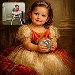 A cute toddler wearing an orange pumpkin bib sits in a high chair, holding a water bottle with a playful smile. The scene is set indoors against a plain wall, with a door on the left and a playpen on the right, creating a cozy and simple vibe.