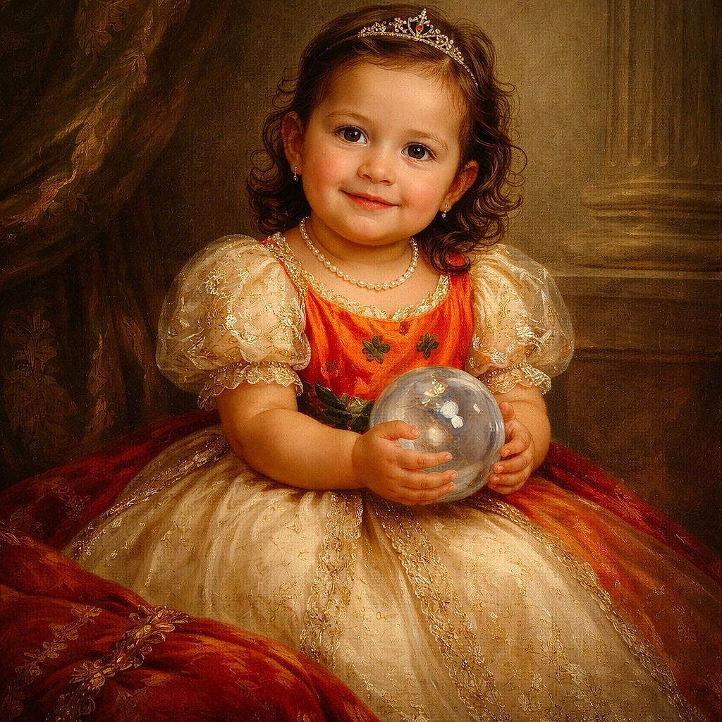 A cute toddler wearing an orange pumpkin bib sits in a high chair, holding a water bottle with a playful smile. The scene is set indoors against a plain wall, with a door on the left and a playpen on the right, creating a cozy and simple vibe.