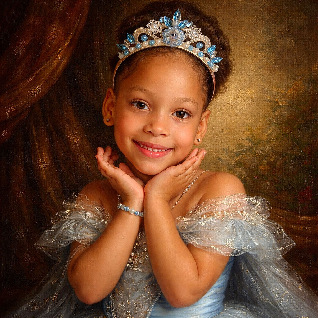 A tiny blue-tiarad princess beams at the camera with hands under her chin, posing like she owns the colorful graffiti backdrop — cute, confident, and ready for her coronation.