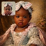 A close-up photo of an adorable baby wearing a matching headband and outfit with pink wavy trim, looking curiously at the camera with a soft beige background.