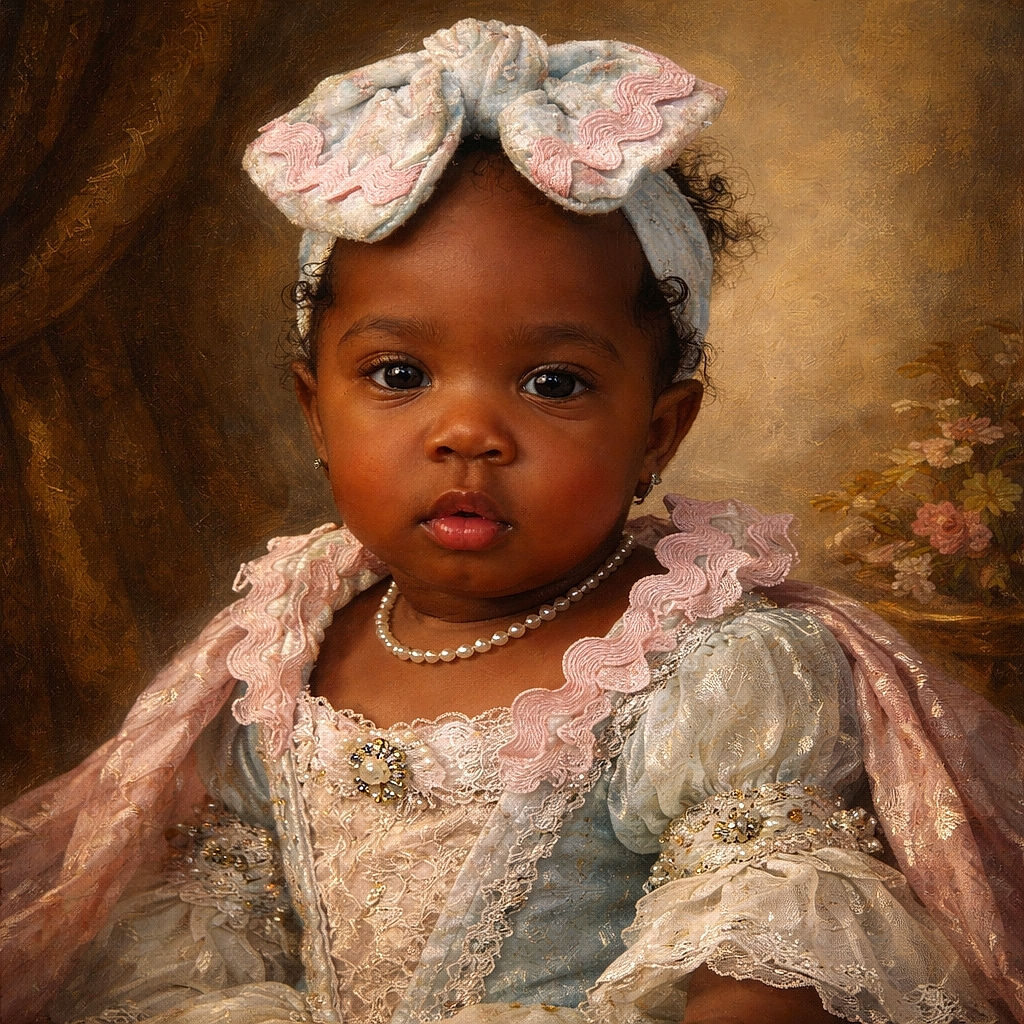 A close-up photo of an adorable baby wearing a matching headband and outfit with pink wavy trim, looking curiously at the camera with a soft beige background.