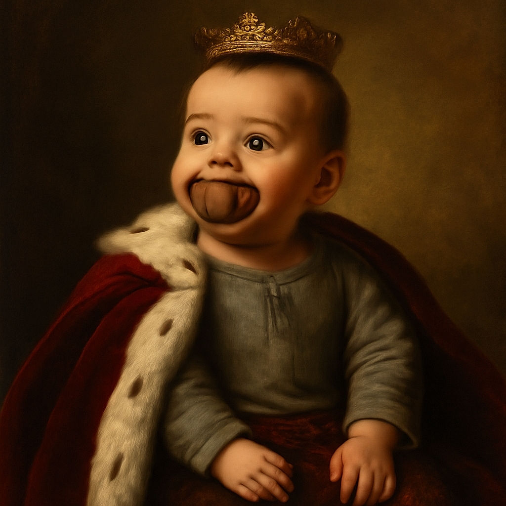 A curious baby with wide eyes and a pacifier is sitting on a cozy carpet, wearing a grey sweater and patterned pants, surrounded by soft toys and homey furniture, looking up with adorable wonder.