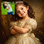 A cheerful young child with a playful smile and tousled hair leans sideways with arms crossed, standing on a vibrant green lawn with a soft-focus background of trees and park scenery.