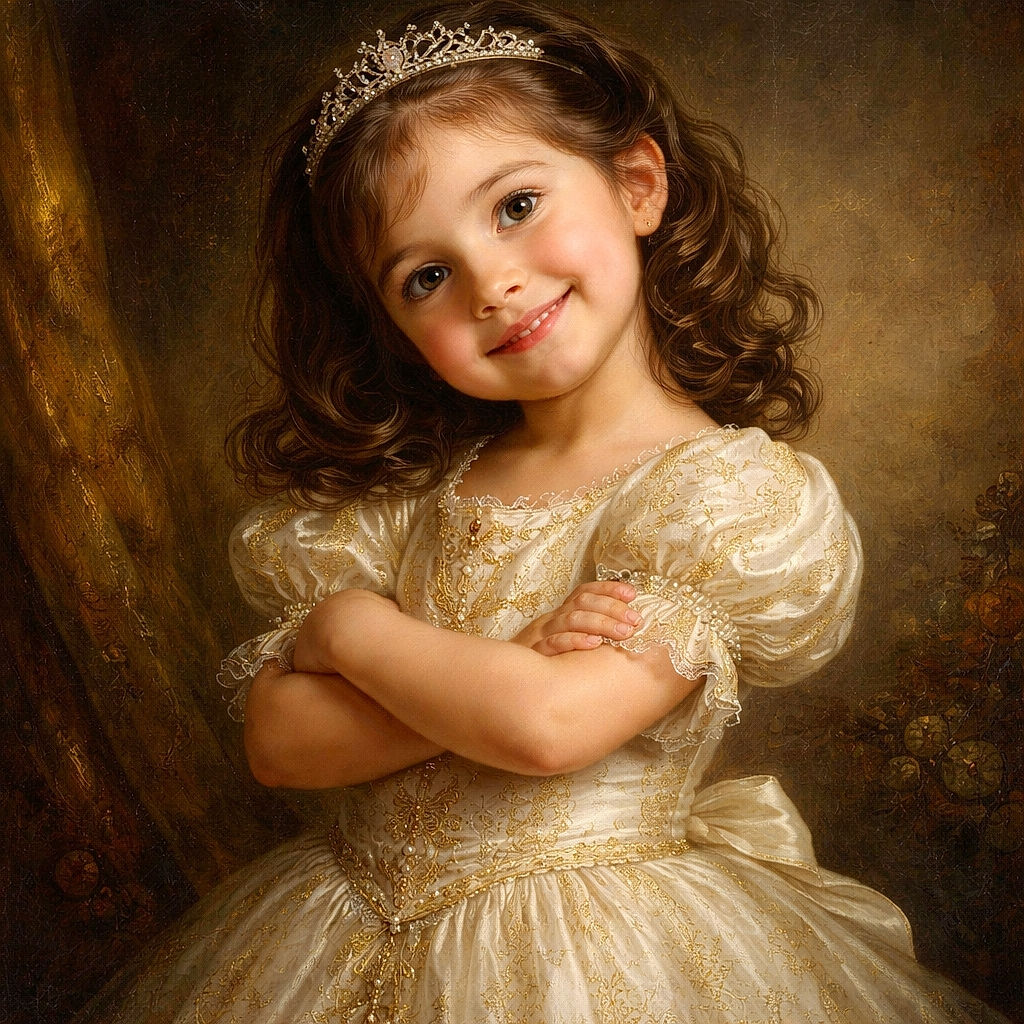 A cheerful young child with a playful smile and tousled hair leans sideways with arms crossed, standing on a vibrant green lawn with a soft-focus background of trees and park scenery.