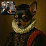 A close-up photo of a small black and tan dog with large ears looking towards the camera, slightly out of focus. The background is a cozy indoor setting with a person reclining on a couch, blurred and resting their head on their hand, surrounded by household items and soft furnishings.