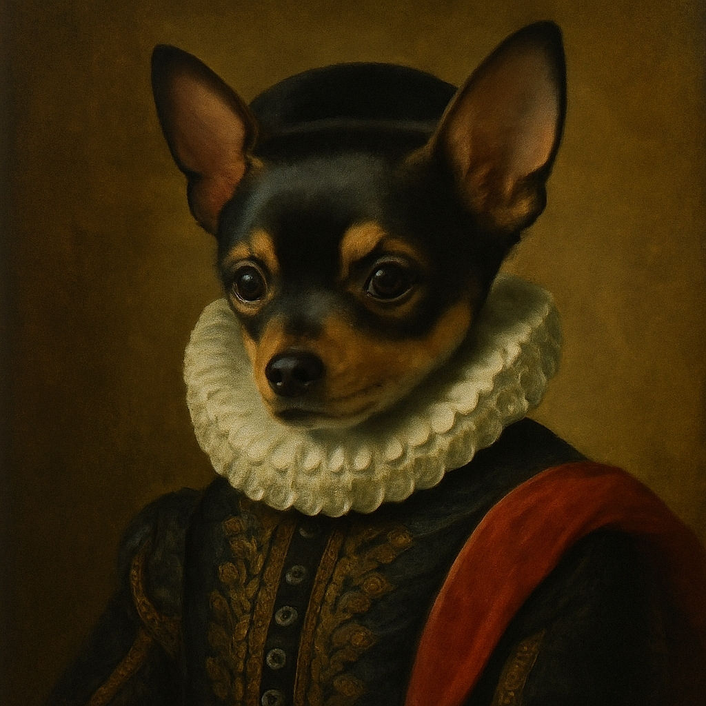 A close-up photo of a small black and tan dog with large ears looking towards the camera, slightly out of focus. The background is a cozy indoor setting with a person reclining on a couch, blurred and resting their head on their hand, surrounded by household items and soft furnishings.