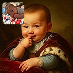 A chubby-cheeked baby lying on a colorful blanket with red and blue patterns, sucking on their fingers with wide curious eyes, while a soft toy peeks into the frame, and a cozy indoor background with a door and shelves completes the scene.