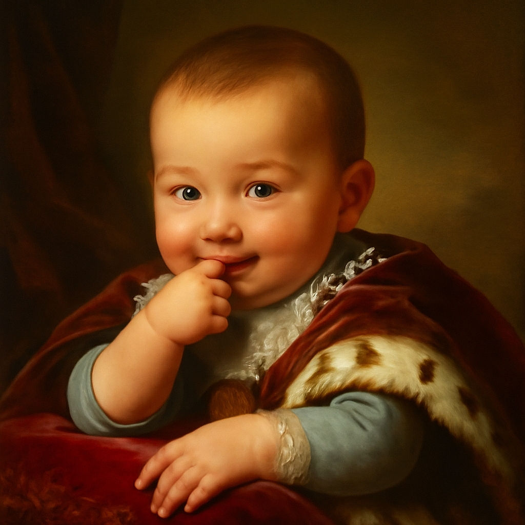 A chubby-cheeked baby lying on a colorful blanket with red and blue patterns, sucking on their fingers with wide curious eyes, while a soft toy peeks into the frame, and a cozy indoor background with a door and shelves completes the scene.