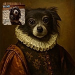 A fluffy, wide-eyed dog with a slightly tousled coat sits on a patterned rug, looking up with an expression that screams 'treat, please?' The cozy wood-paneled room and soft lighting add a warm, homey vibe.