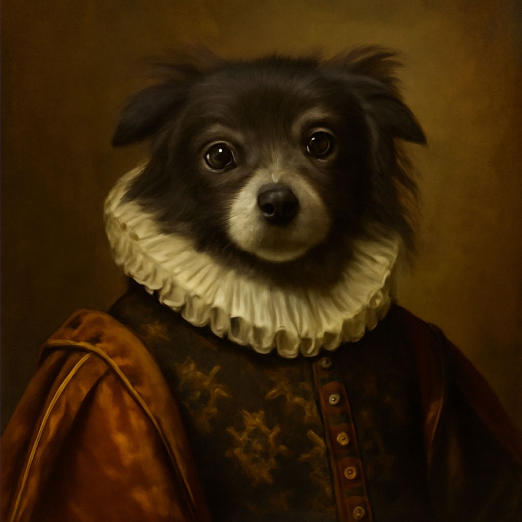 A fluffy, wide-eyed dog with a slightly tousled coat sits on a patterned rug, looking up with an expression that screams 'treat, please?' The cozy wood-paneled room and soft lighting add a warm, homey vibe.