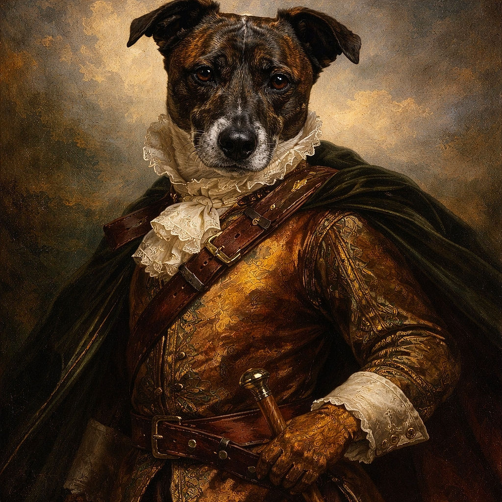 A serious brindle dog fills the frame, staring up like it just heard the word "treat" and is calculating the optimal angle for maximum sympathy. Close-up of a wet shiny nose, soulful eyes and big ears, perched on a textured carpet with paws planted like a tiny, furry bodyguard. The image is high-contrast and punchy — a little over-processed but undeniably adorable.