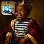 A joyful toddler sitting cross-legged on a cozy bed with a big smile, wearing a striped shirt and playful socks, radiating pure happiness in a warm, homely setting.