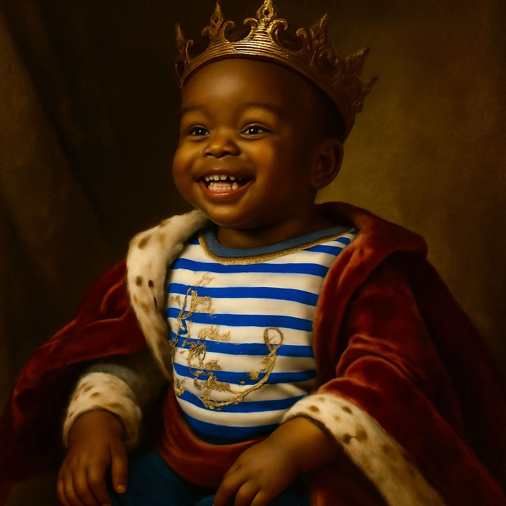 A joyful toddler sitting cross-legged on a cozy bed with a big smile, wearing a striped shirt and playful socks, radiating pure happiness in a warm, homely setting.